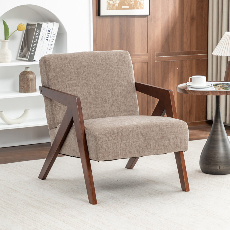Chaise d'appoint Mid-Century rembourrée en bois d'hévéa avec pieds en bois, Chenille café