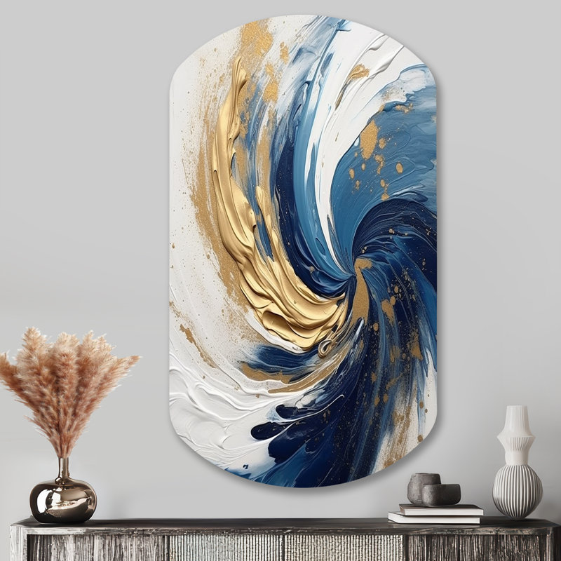 Bleu foncé et spirale dorée IV - spirale abstraite, décoration murale asymétrique en métal, cylindre bleu, reproduction d'art