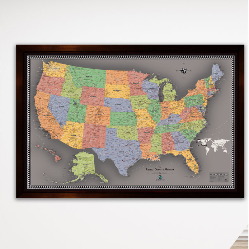 Carte magnétique encadrée de voyage des États-Unis, H 22 po x l 33 po x P 1 po, Gris
