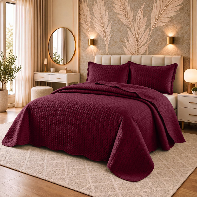 Ensemble de couvre-lit matelassé en microfibre embossée, Full Comforter + 2 Standard Shams, Burgundy