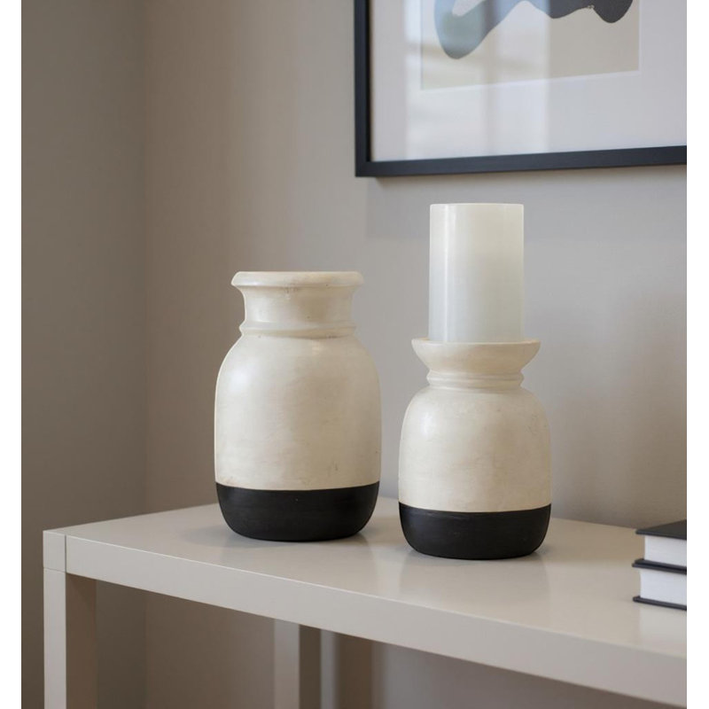 Ensemble de deux porte-bougies colonne en céramique crème et noire patinée