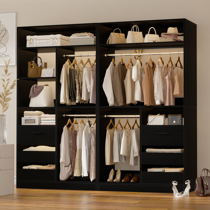 72"Closet System With 6 Drawers And 4 Rods, Black