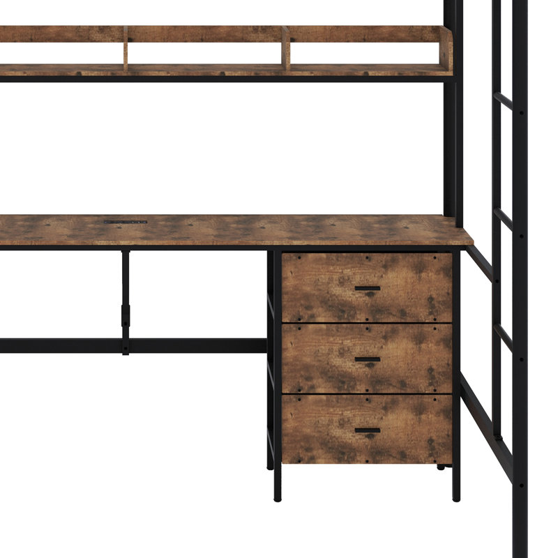 Multifunctional Loft Bed With Integrated L-Shaped Study Area, Charging Ports, Drawers, Shelves And Safety Guard
