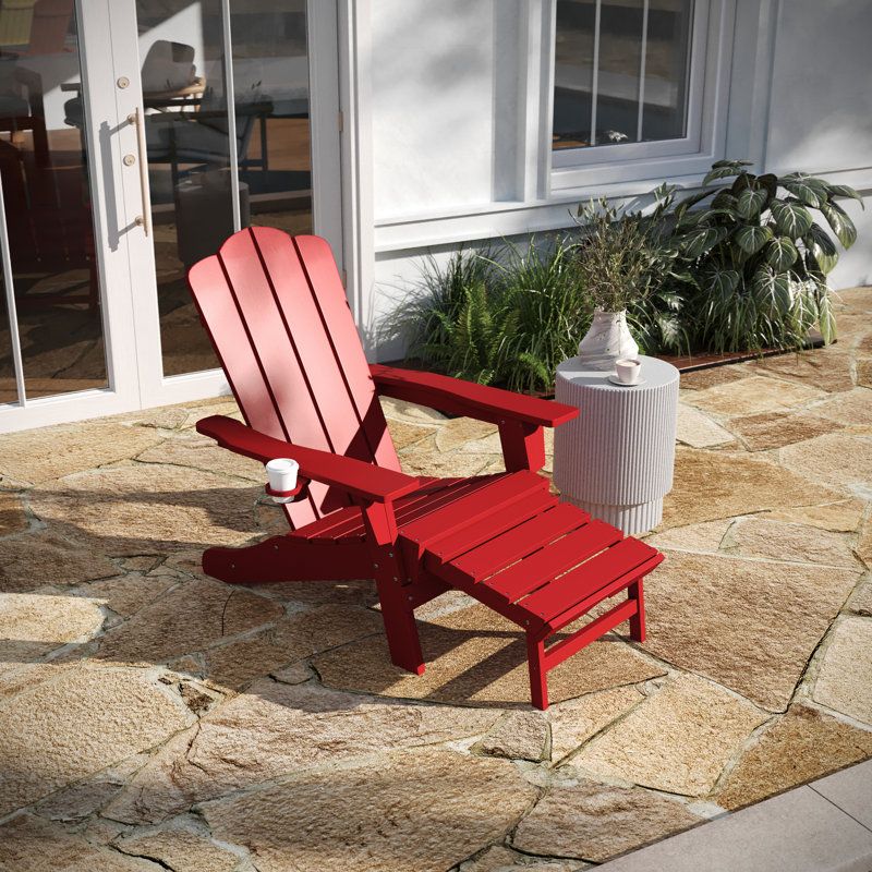 Collis All-Weather HDPE Indoor/Outdoor Adirondack Chair with Cup Holder and Pull Out Ottoman, Red