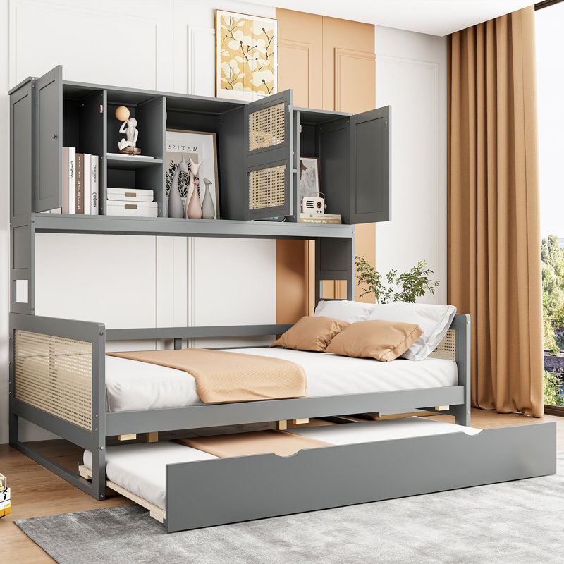 Lit de jour avec lit gigogne et rangement, Gris, Lit simple