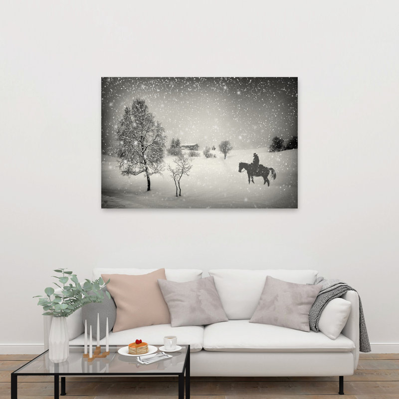 «Lone Cowboy Winter Ride Peaceful Rustic Serene Horse Landscape Mountain», reproduction d'art murale, 40" H x 60" W