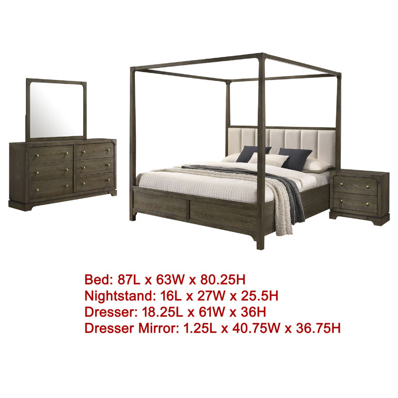 Ensemble de chambre à grand lit 4 pièces Seon, bois massif brun foncé, lit à baldaquin, Queen