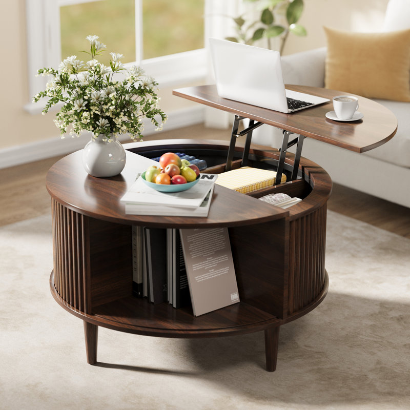 Round Coffee Table With Storage, Fluted Lift Top, Sliding Cabinet Door, Modern Design, Walnut, Walnut