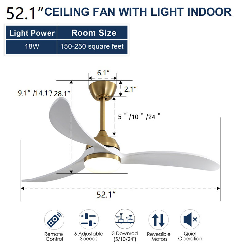 Ventilateur de plafond standard à 3 pales à DEL avec télécommande et ensemble d'éclairage Sobel