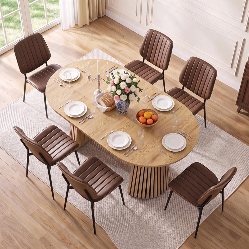Ensemble de table de salle à manger extensible en bois ovale avec 6 chaises, Bois naturel, Brun