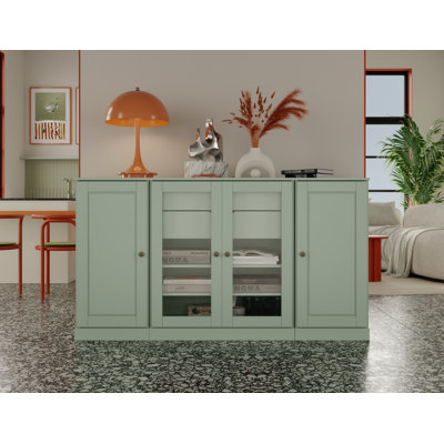 Buffet 100% bois massif 65 po avec portes en verre massif et transparent, 2 tiroirs et tablettes réglables