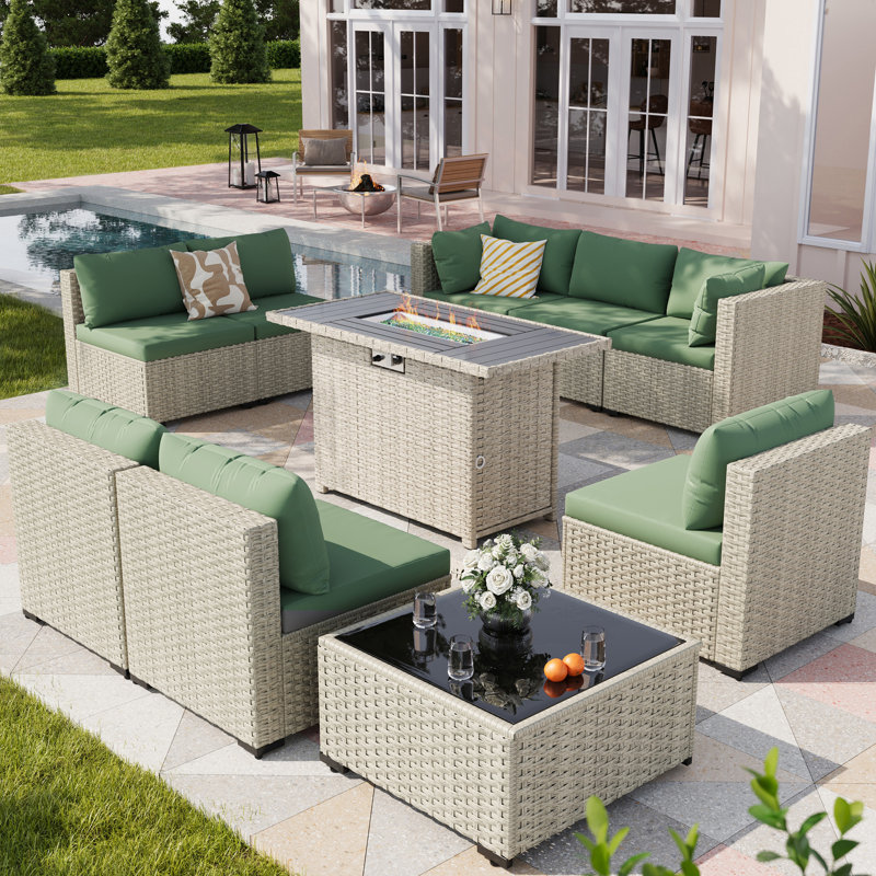 Ensemble de conversation 9 pièces pour patio en rotin avec foyer, Vert