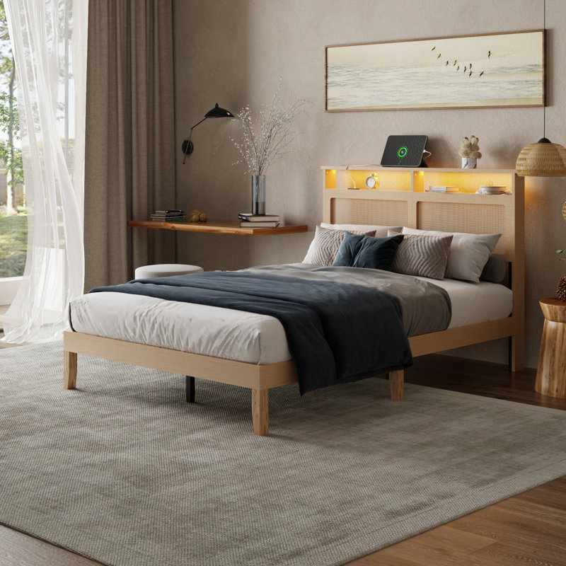 Full Bed With Open Storage Headboard, Adjustable Led Light And Charging Station, No Box Spring Needed, Full