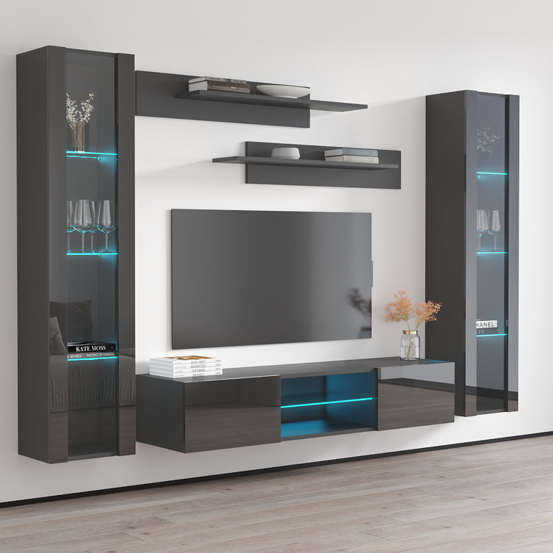 Meuble audio-vidéo flottant de 100 po avec éclairage à DEL 16 couleurs, finition ultrabrillante, Gris