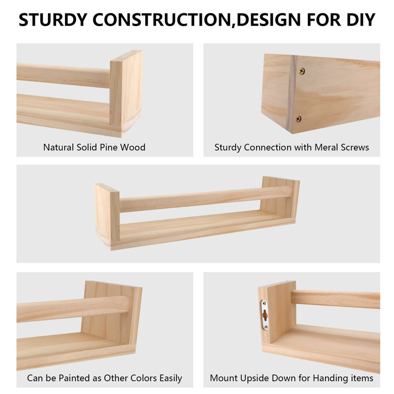 Naturel Wood Floating Wall Bookshelf for Kids Set of 4