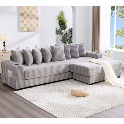 Nouveau velours côtelé en forme de L de 111,16 po avec repose-pieds mobile, porte-gobelets, 8 coussins décoratifs et poche latérale pour un confort accru