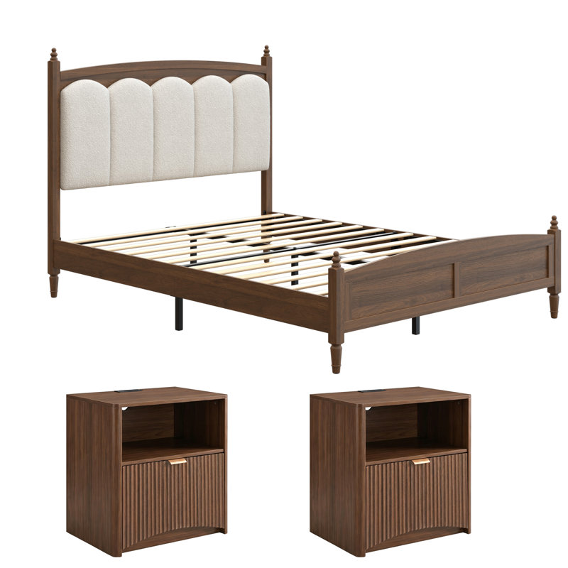 Ensembles de chambre à coucher de style campagnard 3 pièces pour grand lit, grand lit tapissier avec tête de lit Mid-Century et 2 tables de chevet assorties