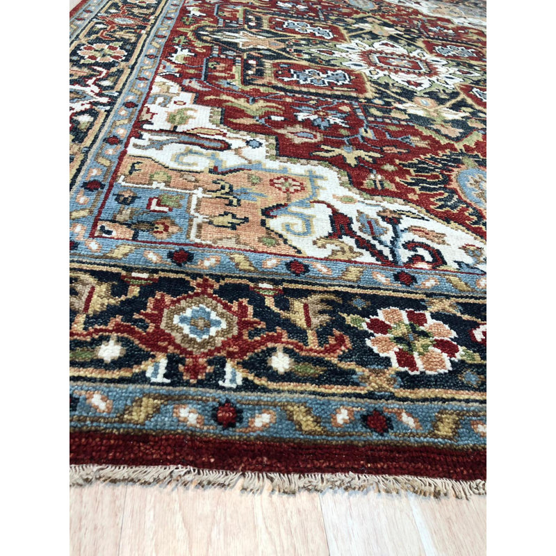 Aaryn-Paul Oriental Red Hand Knotted Wool Red / Navy Traditional Classic Area Rug, Rectangle 10' x 14'