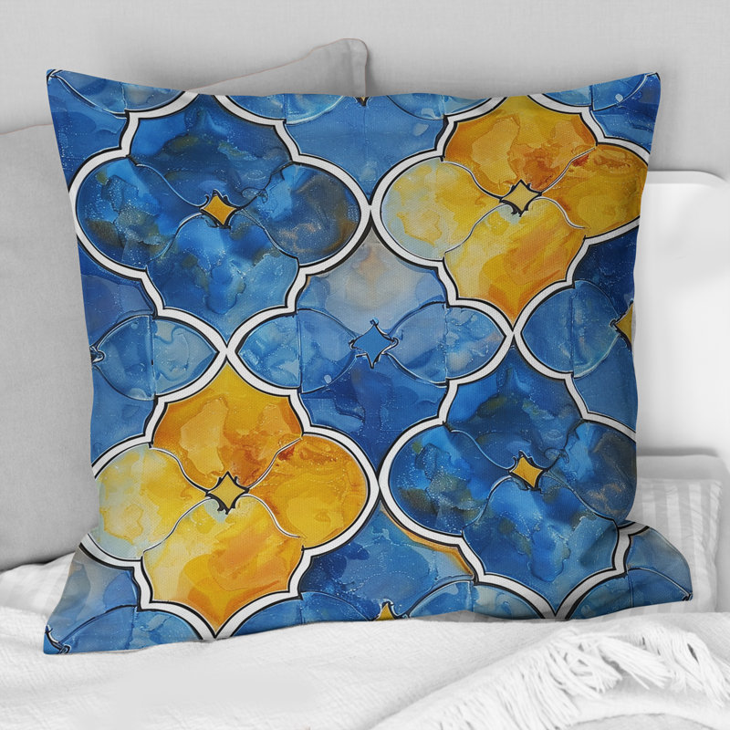 Bleu, jaune, quadrilobe à motifs I - coussin décoratif moderne, H 16 po x l 16 po