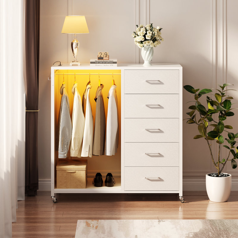Commode 5 tiroirs avec miroir et station de charge Gourley, Blanc