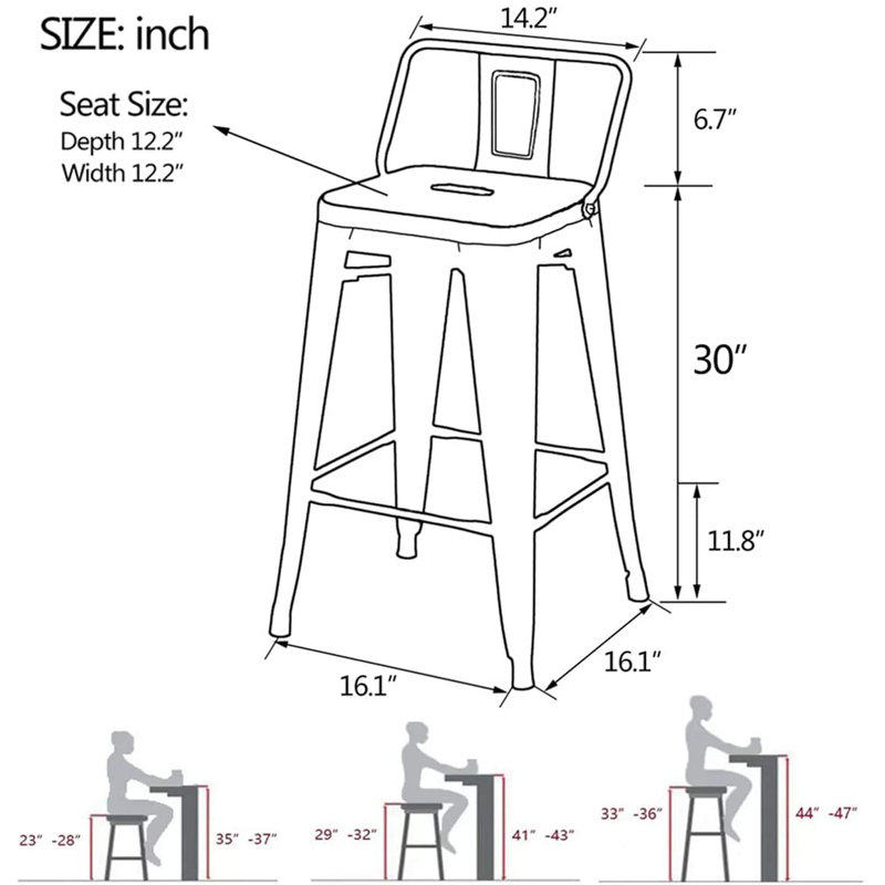 Ensemble de 4 tabourets de bar et de comptoir en métal, Argent, Siège d'une hauteur de 30 po