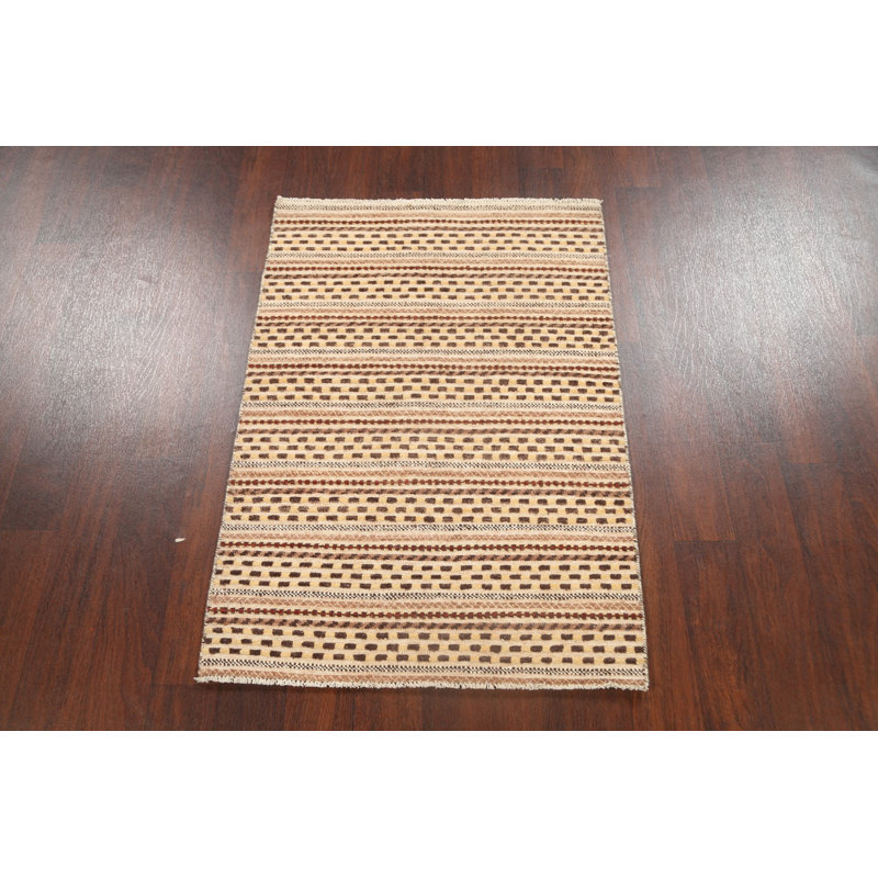 Tapis beige noué à la main de conception unique 2 pi 10 po x 4 pi 0 po