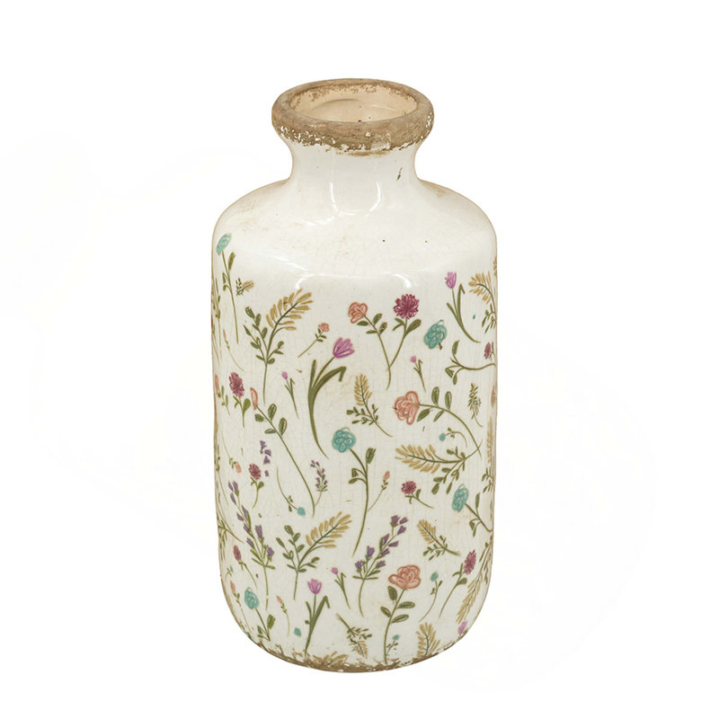 Ceramic Cylinder Vase With Multi-Colored Floral Motifs, 10.6" H x 5.3" W x 5.3" D