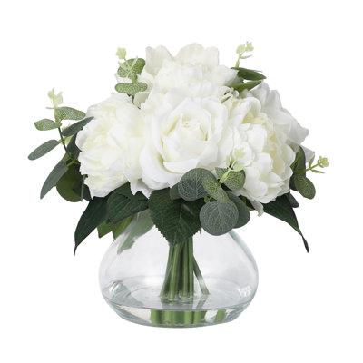 4 fleurs artificielles 4 roses et 4 pivoines dans un vase en verre, bouquet de fleurs en soie véritable avec de l'eau artificielle pour les centres de mariage, décoration de table, décorations de salle à manger