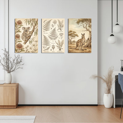 Ensemble de 3 tableaux sur toile représentant un koala, un kangourou et la flore australienne