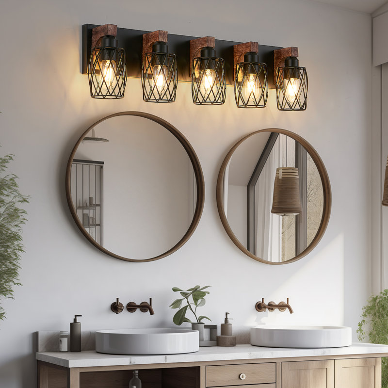 31-Inch Industrial Vintage 5- Wall Sconce With Black Cage And Wooden Accents For Bathroom, Hallway, Living Room, Bedroom, Dressing Entryway, Kitchen, Office - , , Easy To Install, Compatible E26