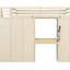 Lit mezzanine pleine grandeur de couleur beige, avec escalier latéral, tablettes ouvertes et coiffeuse de couleur beige, avec rangement intégré, rangement-929948798