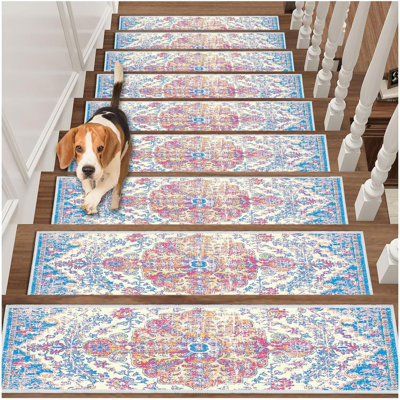 Non Slip Stair Treads Carpet Mat, 30In X 8In Indoor Stair Runners For Wooden Steps, Rubber Backing Edging Stair Rugs For Kids Elders And Pets(Blue/Beige,15PCS)