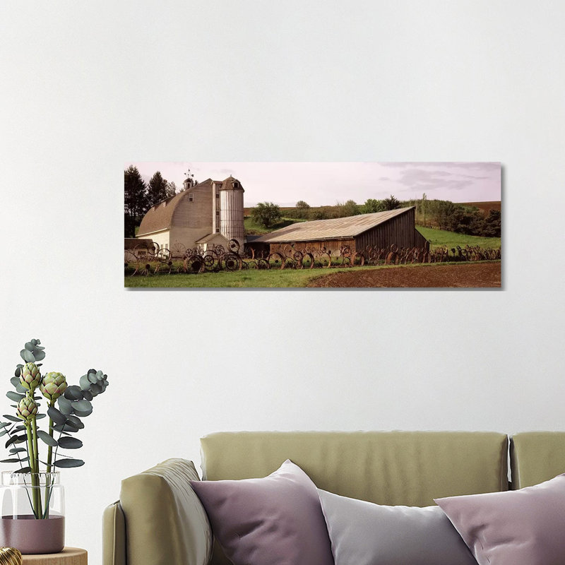 Old Barn With A Fence Made Of Wheels, Palouse, Whitman County, Washington State, USA - Wrapped Canvas Panoramic Print