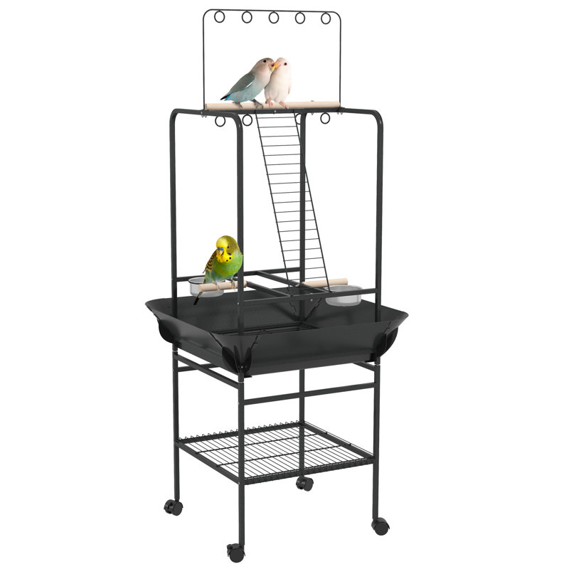 Dark Gray Bird Play Stand With - Stainless Steel Feed Bowls, Pull-Out Tray, Hanger, For Parrot Comfort Wheels & Perches, Amusing Hanger