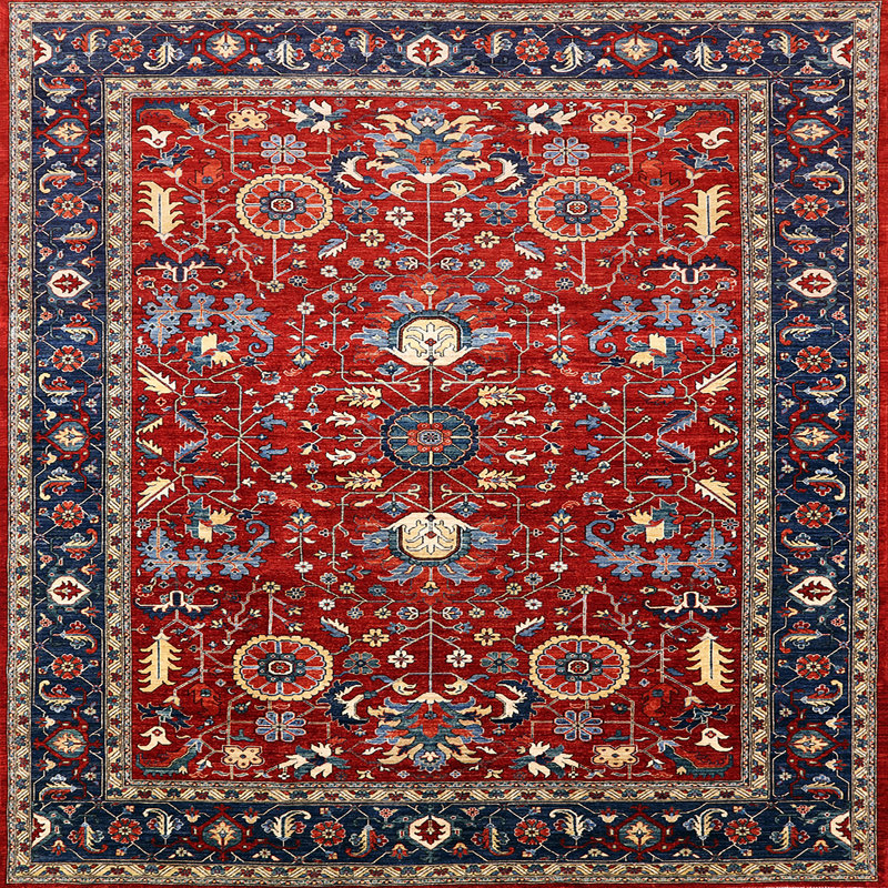 Tapis oriental rouge et bleu, Carré 5 pi