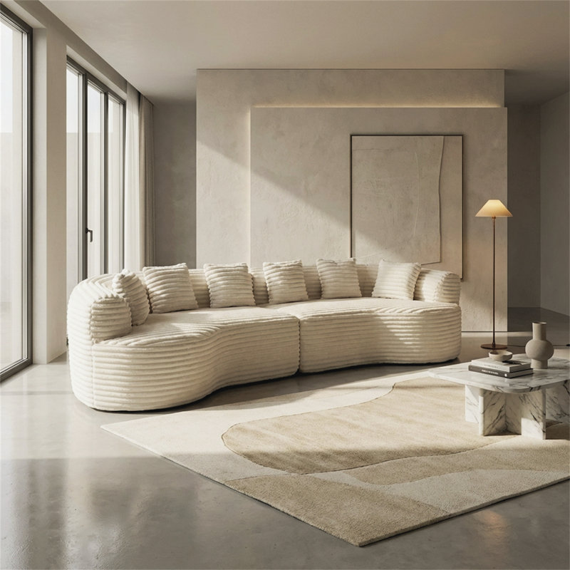 Canapé courbé modulaire, avec 6 coussins, design désossé, canapé confort de style nuage, revêtement en velours côtelé, design profond, beige