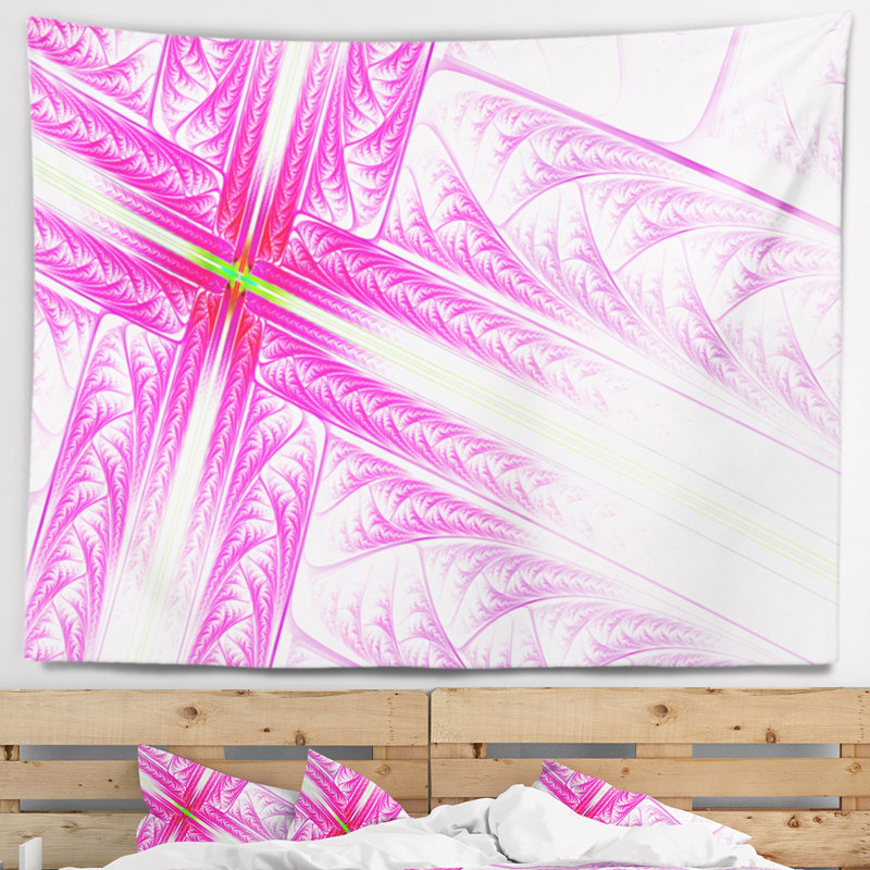 Tapisserie abstraite à motif de croix fractale rose, H 32 po x l 39 po