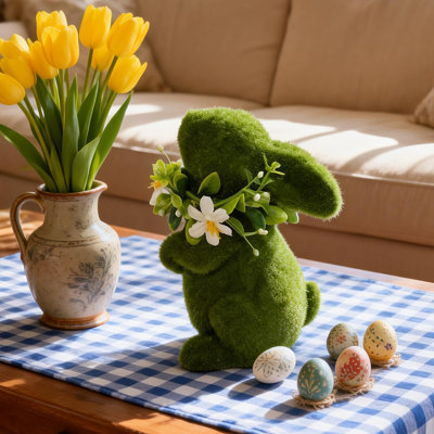 7-inch Flocked Easter Bunny Figurine - Green Moss Rabbit Statue With Flower Wreath - Weather-resistant Resin Garden Sculpture For Outdoor Yard, Patio, Spring Home Decor