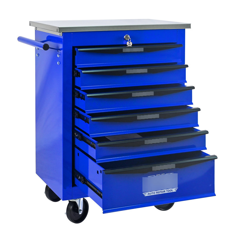 Chariot à outils 6 tiroirs pour le garage, chariot à roulettes en métal avec roues, noir et bleu, verrouillage par clé, chariot de rangement multifonctionnel à comptoir lisse, entrepôt bleu, tiroirs verrouillables, roues universelles