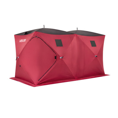 Pop Up Ice Fishing Tent 6-8 Person 142 x 71 x 79 in Portable Shelter, for Winter Fishing, 67 sq ft Area, 300D Oxford Fabric Hub-Style Shanty, Ice Cube with Anchors, Ropes, Carry Bag, Red/Black