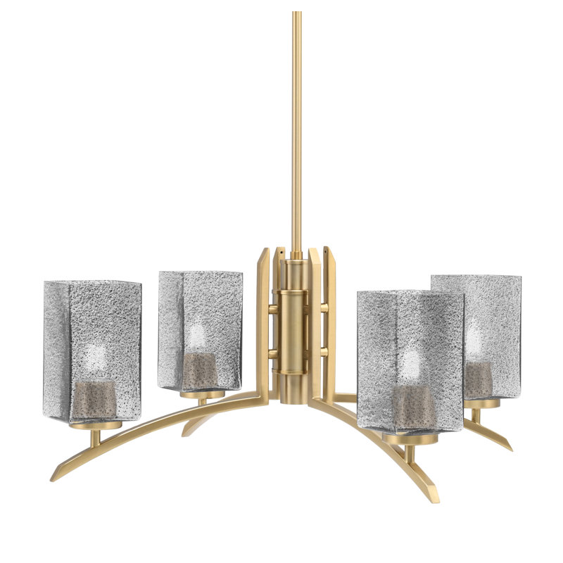 Lustre lumineux avec verre à bulles fumé carré 3,5 po, H 58,25 po x l 26 po x P 26 po, 4, Laiton New Age