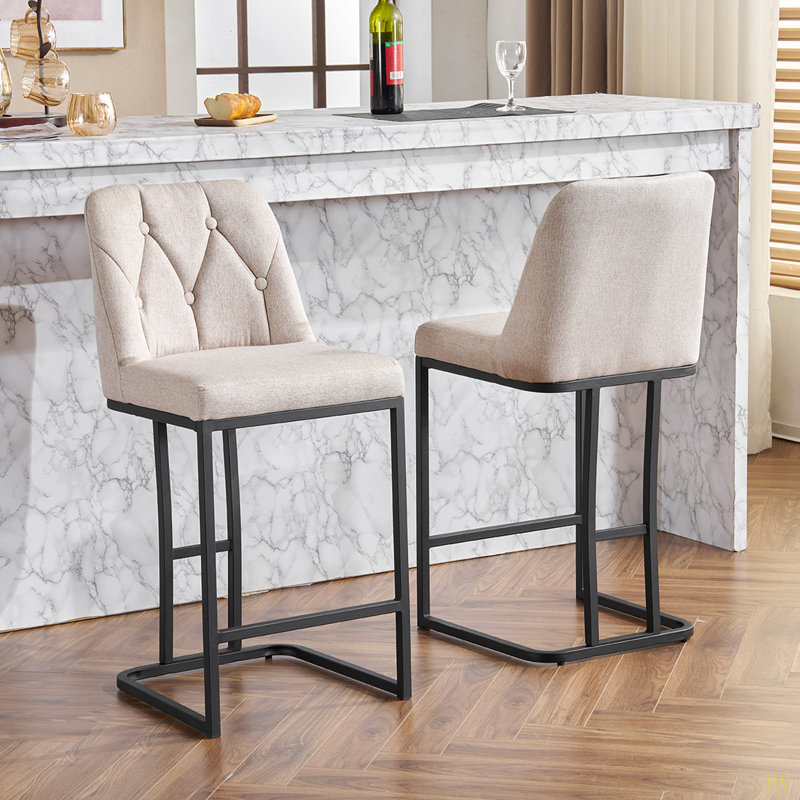 Ensemble de 2 tabourets de bar rembourrés modernes avec dossier capitonné, chaise à hauteur de comptoir avec structure en métal robuste, siège rembourré confortable pour la cuisine, le bar ou la salle à manger