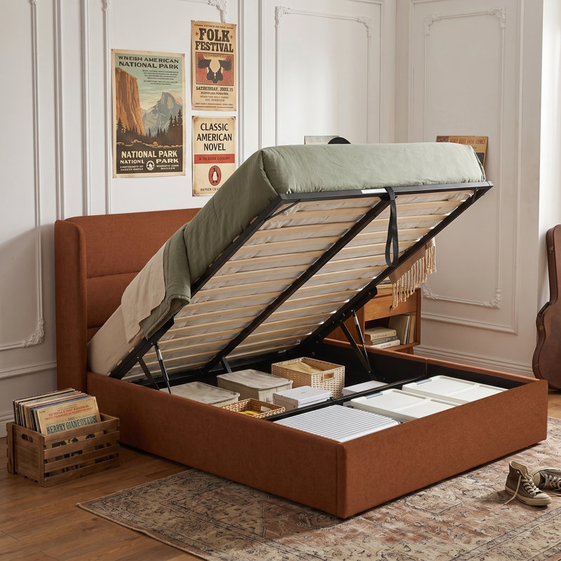 Lit plateforme tapissier avec rangement Gaillarde, Double, Caramel