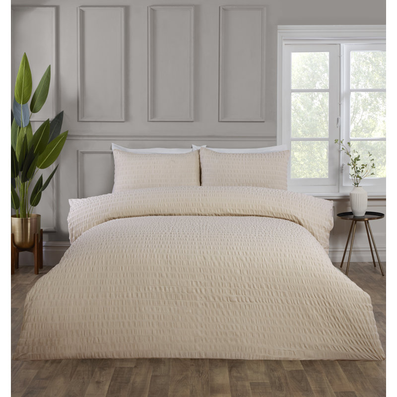 SEERSUCKER Cotton Blend Solid Colour Duvet Cover Set with Pillowcases Included, Cream