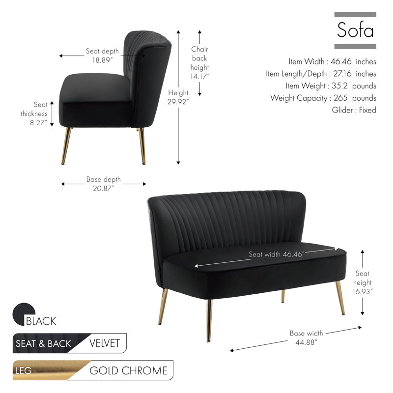 Delmon Velvet Loveseat with Gold Chrome Legs, Black Velvet