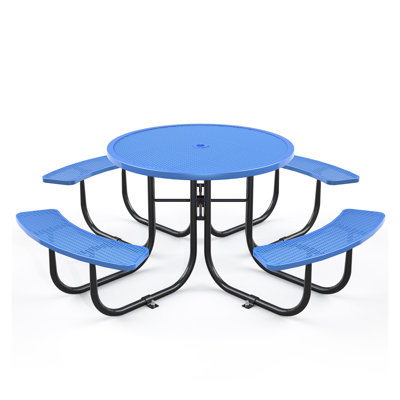 Table de pique-nique ronde de qualité commerciale avec sièges attachés - Ensemble de mobilier d'extérieur en acier robuste