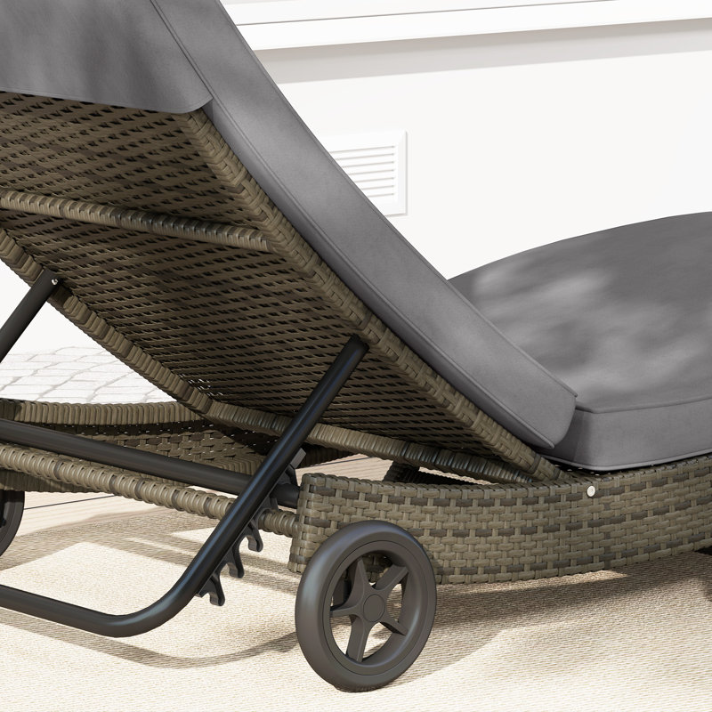 Wicker Chaise Lounge Chair Outdoor with Wheels & Cushion, PE Rattan Patio Lounge Chair with 5-Level Adjustable Backrest for Poolside, Garden, Gray