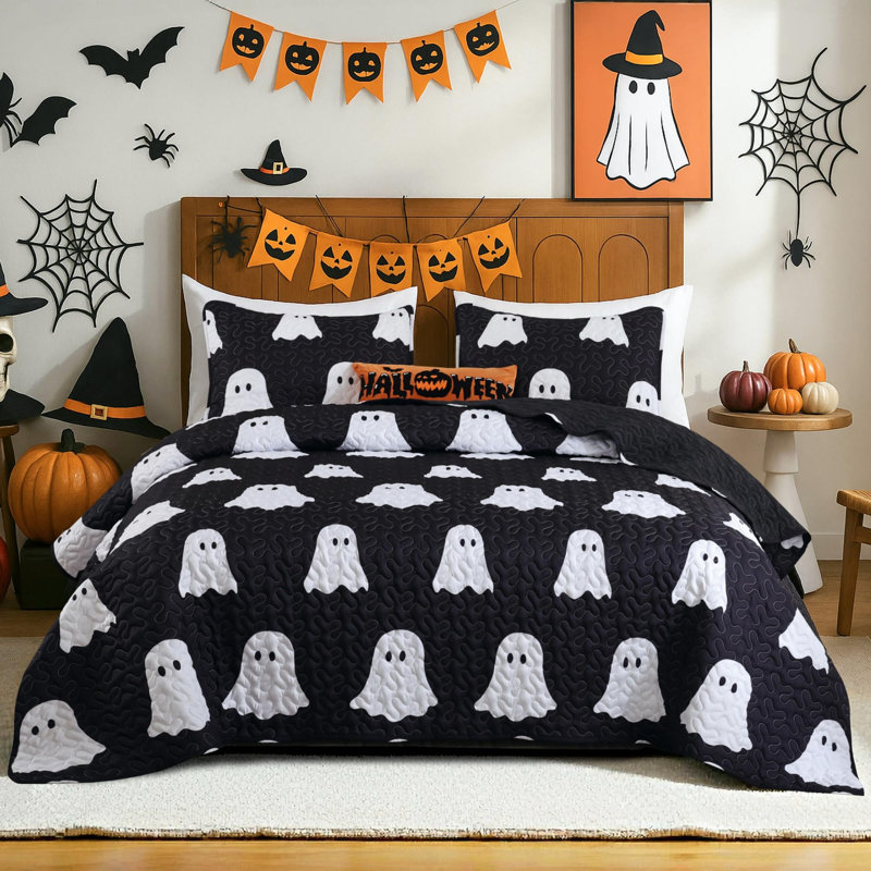 Ensemble de courtepointe 3 pièces JANZAA Halloween - motif de fantôme léger avec deux taies d'oreiller, Noir