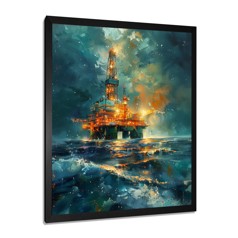 Bleu jaune et jaune, plate-forme hivernale en océan, Toile encadrée noire simple, H 40 po x l 30 po x P 1,5 po