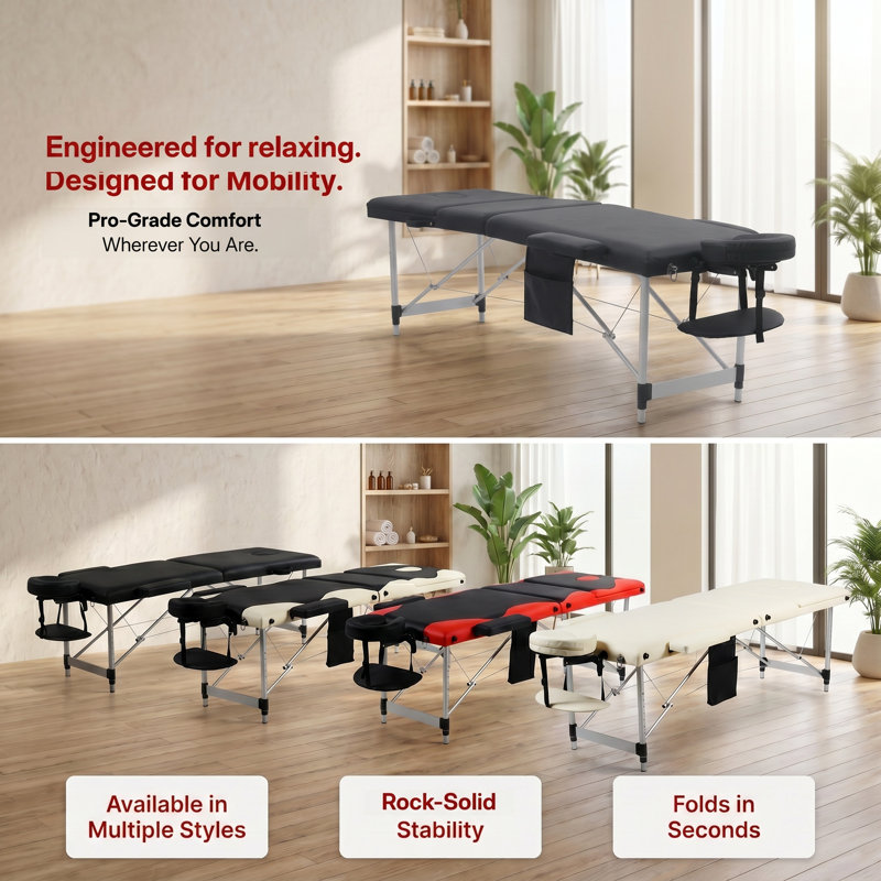 Structure de table de massage en aluminium pliable 3 fois avec hauteur réglable + masseur pour le cou, Noir